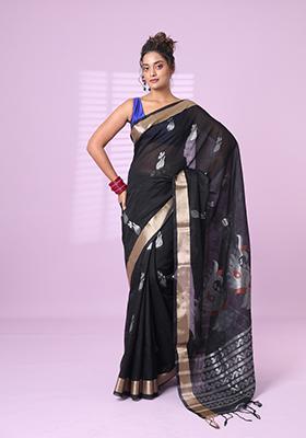 Black Embroidered Silk Saree Set