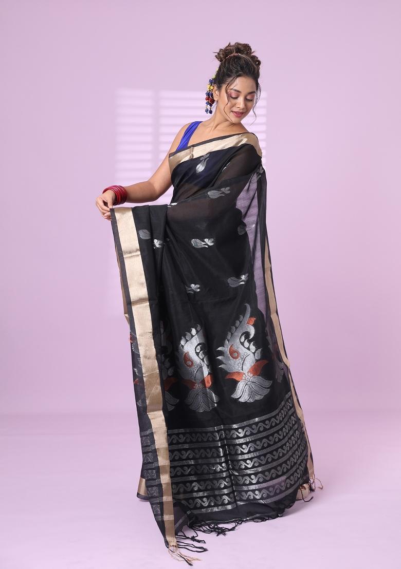 Black Embroidered Silk Saree Set - Indya