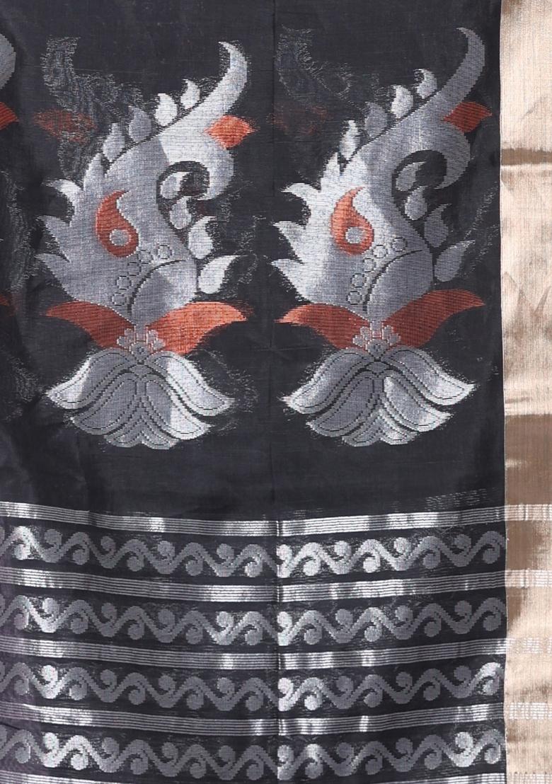 Black Embroidered Silk Saree Set - Indya