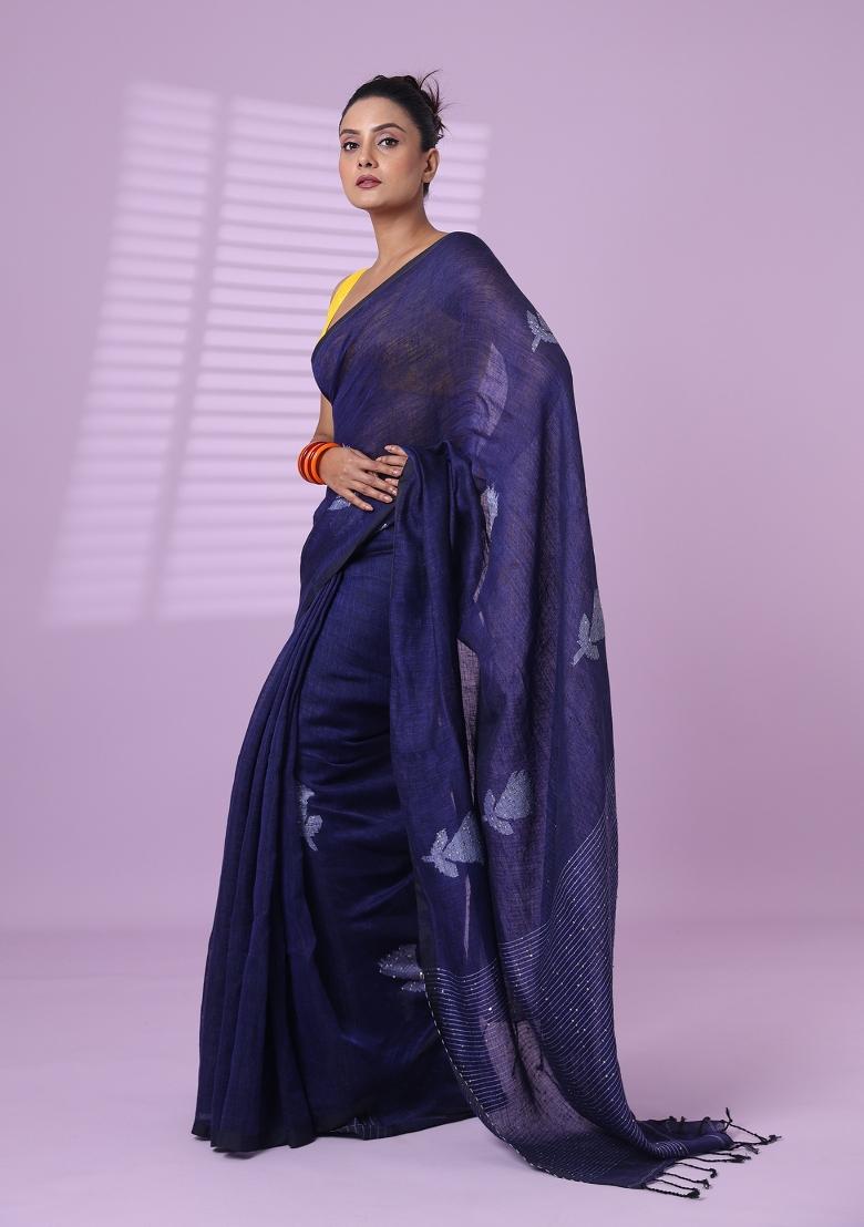 Blue Embroidered Linen Saree Set - Indya
