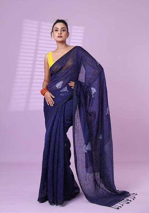 Blue Embroidered Linen Saree Set