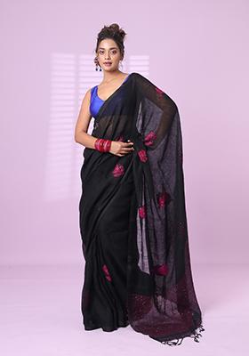 Black Embroidered Linen Saree Set