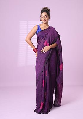 Purple Embroidered Linen Saree Set