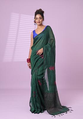 Green Embroidered Linen Saree Set