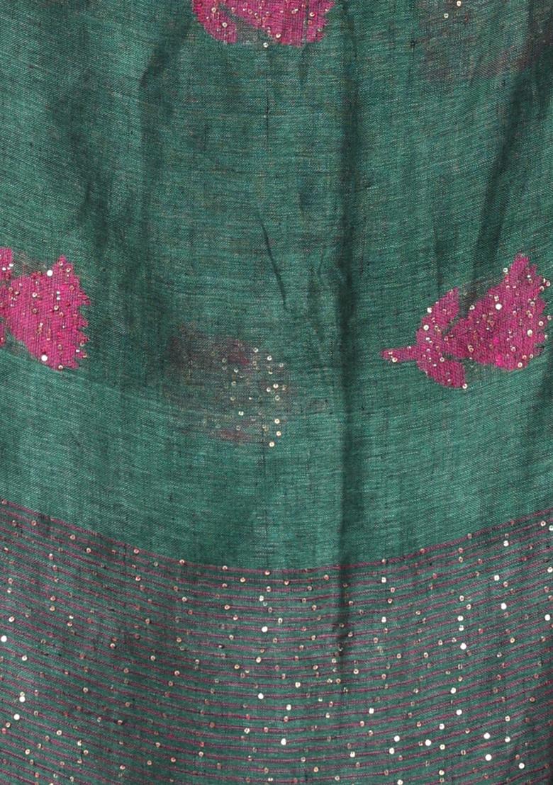 Green Embroidered Linen Saree Set - Indya