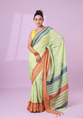 Pistachio Green Floral Print Cotton Saree Set