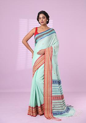 Sea Green Floral Print Cotton Saree Set