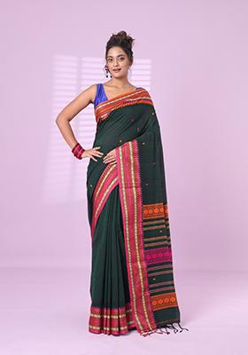 Bottle Green Floral Print Cotton Saree Set