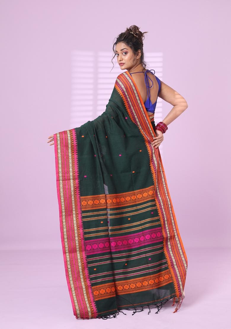 Bottle Green Floral Print Cotton Saree Set - Indya