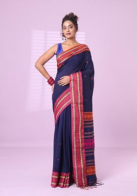 Blue Floral Print Cotton Saree Set