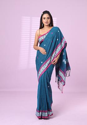 Sapphire Blue Embroidered Cotton Saree Set