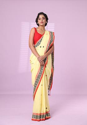 Yellow Embroidered Cotton Saree Set