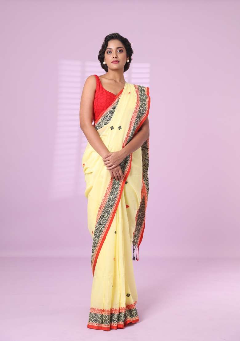 Yellow Embroidered Cotton Saree Set for Diwali and Festive Wear - Indya