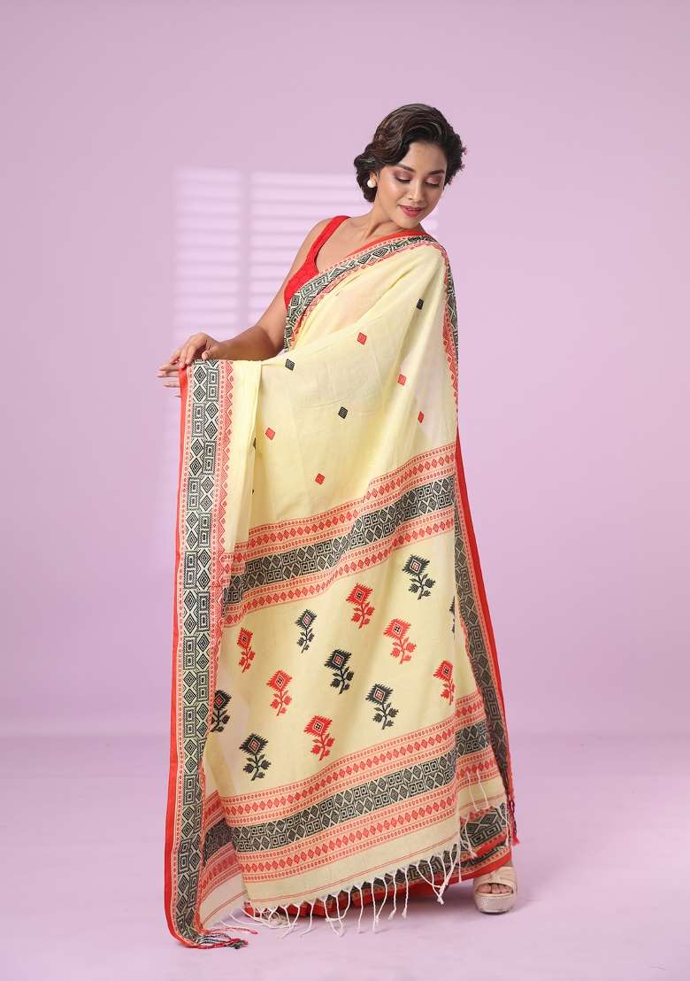 Yellow Embroidered Cotton Saree Set for Diwali and Festive Wear - Indya