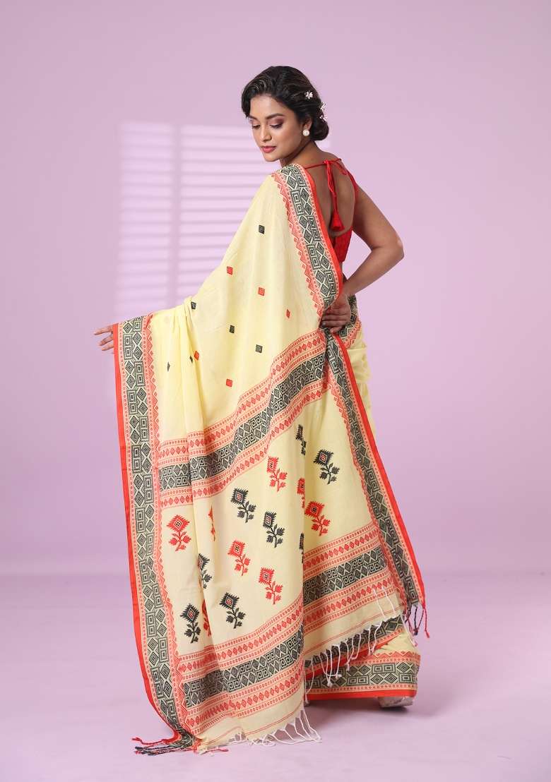Yellow Embroidered Cotton Saree Set for Diwali and Festive Wear - Indya