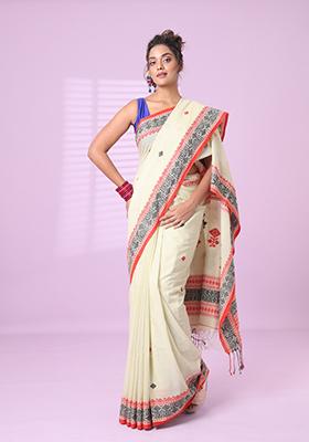 Ecru Embroidered Cotton Saree Set