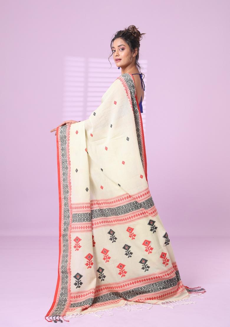 Ecru Embroidered Cotton Saree Set - Indya