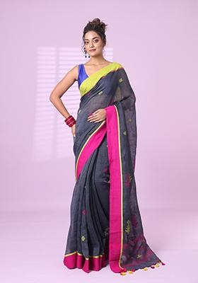 Dark Grey Embroidered Linen Saree Set