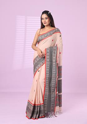 Beige Embroidered Cotton Saree Set