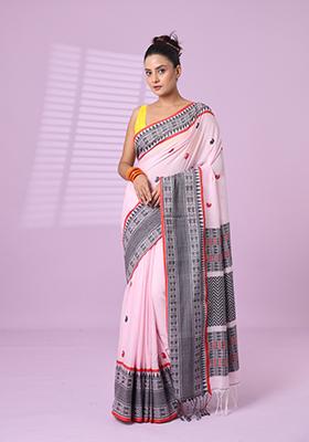 Pink Embroidered Cotton Saree Set