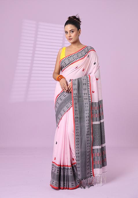 Pink Embroidered Cotton Saree Set