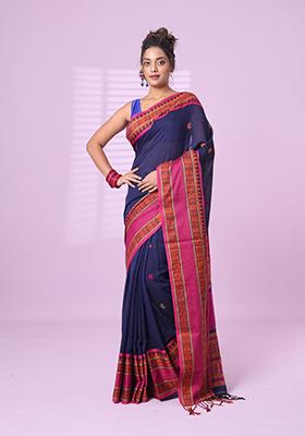 Navy Blue Embroidered Cotton Saree Set