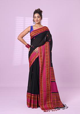 Black Embroidered Cotton Saree Set