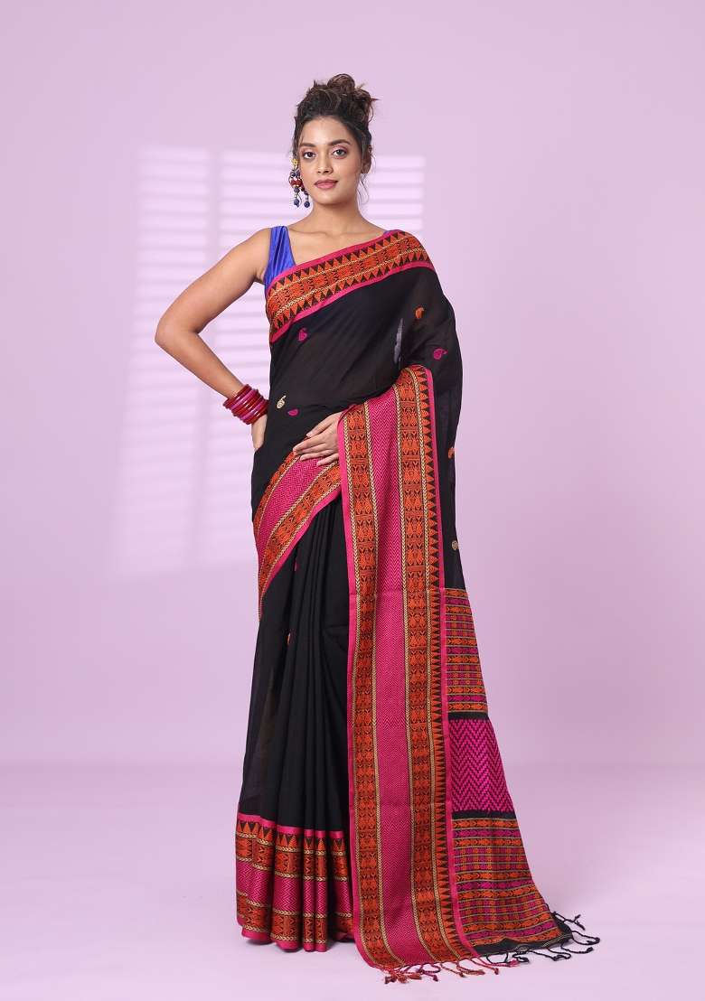Black Cotton Saree Set with Embroidered for Diwali | Wedding & Festive Wear - Indya