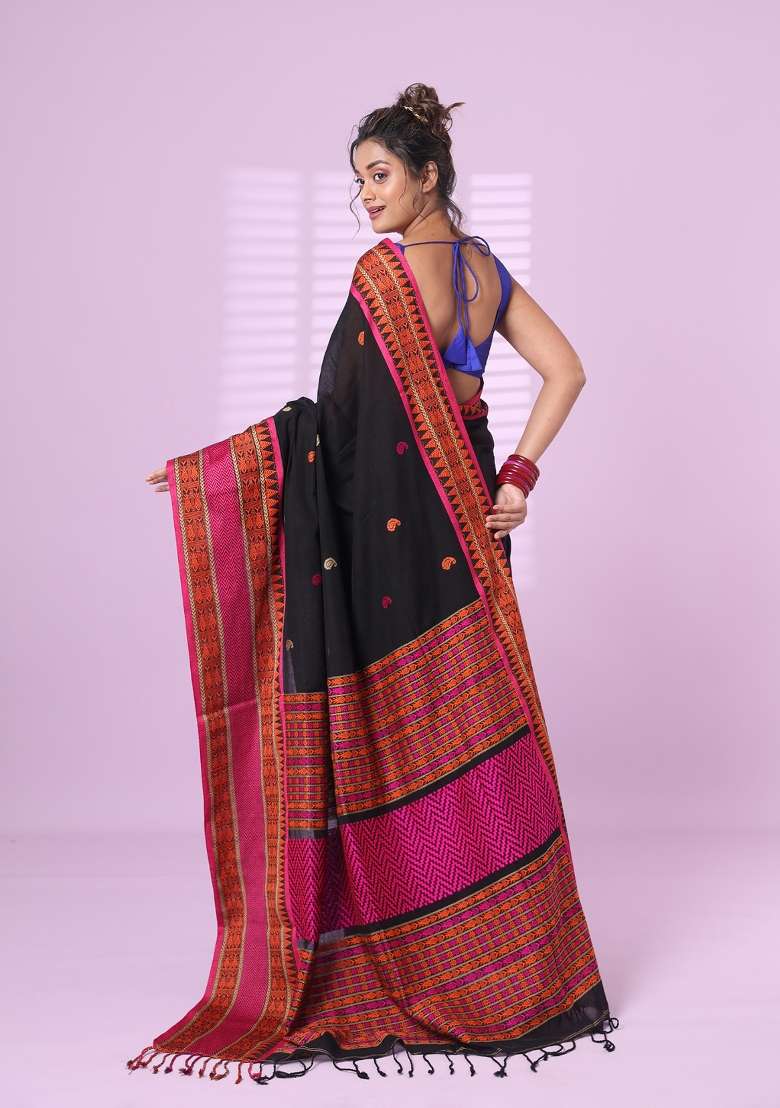 Black Cotton Saree Set with Embroidered for Diwali | Wedding & Festive Wear - Indya
