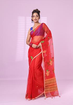 Red Floral Print Muslin Saree Set