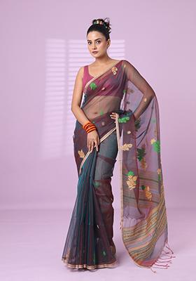 Green Floral Print Muslin Saree Set