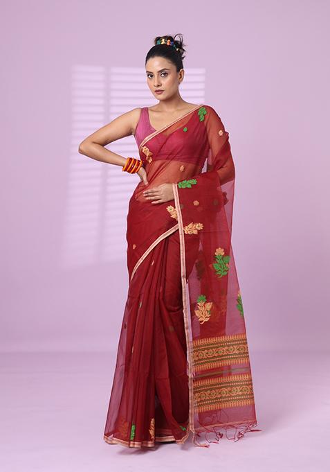 Maroon Floral Print Muslin Saree Set
