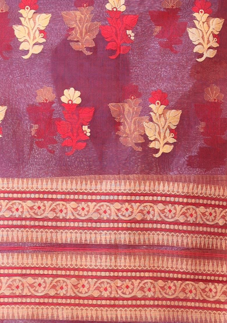 Maroon Floral Print Muslin Saree Set - Indya