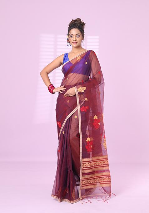 Maroon Floral Print Muslin Saree Set
