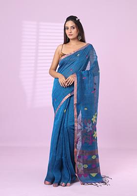 Sapphire Blue Embroidered Linen Saree Set