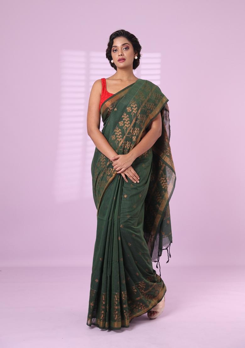 Green Embroidered Cotton Saree Set - Indya