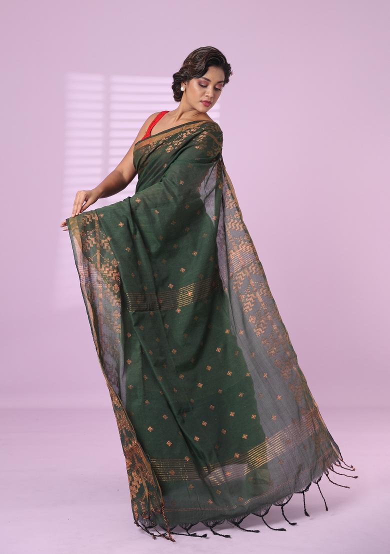 Green Embroidered Cotton Saree Set - Indya
