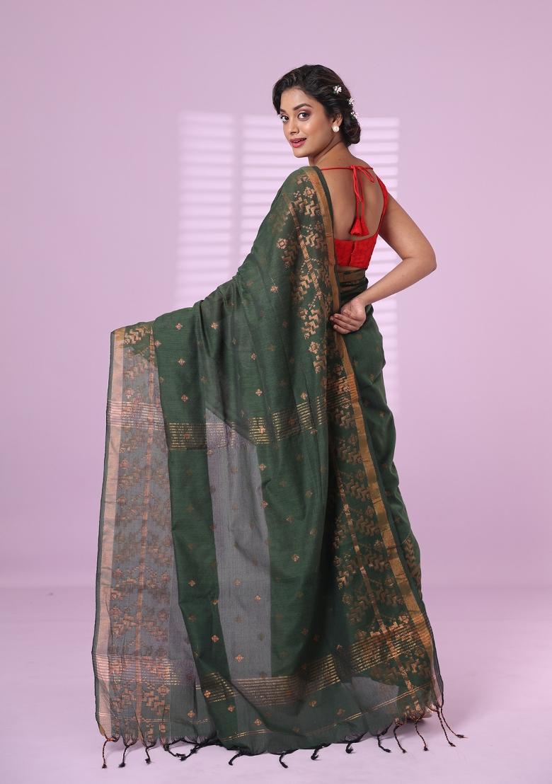 Green Embroidered Cotton Saree Set - Indya