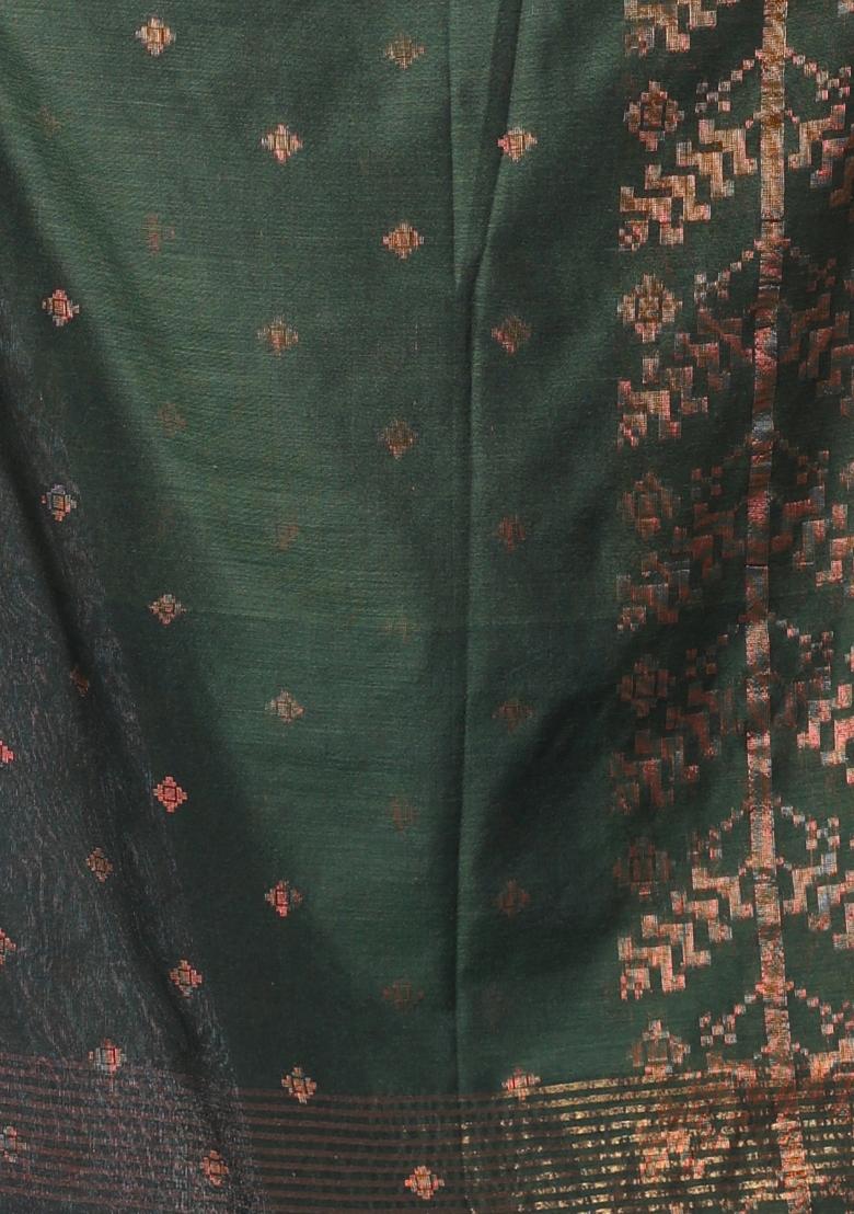 Green Embroidered Cotton Saree Set - Indya