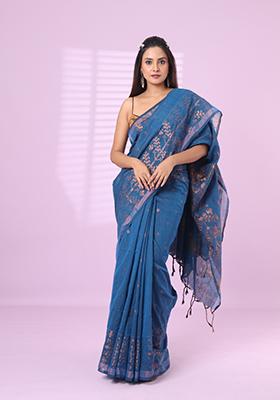 Sapphire Blue Embroidered Cotton Saree Set