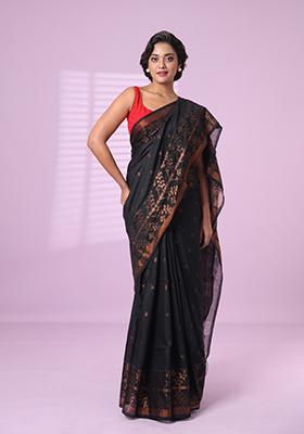 Black Embroidered Cotton Saree Set