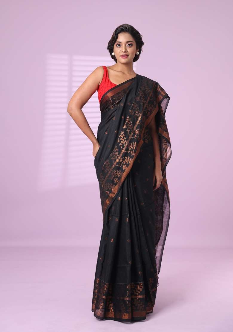Black Embroidered Cotton Saree Set for Diwali and Festive Wear - Indya
