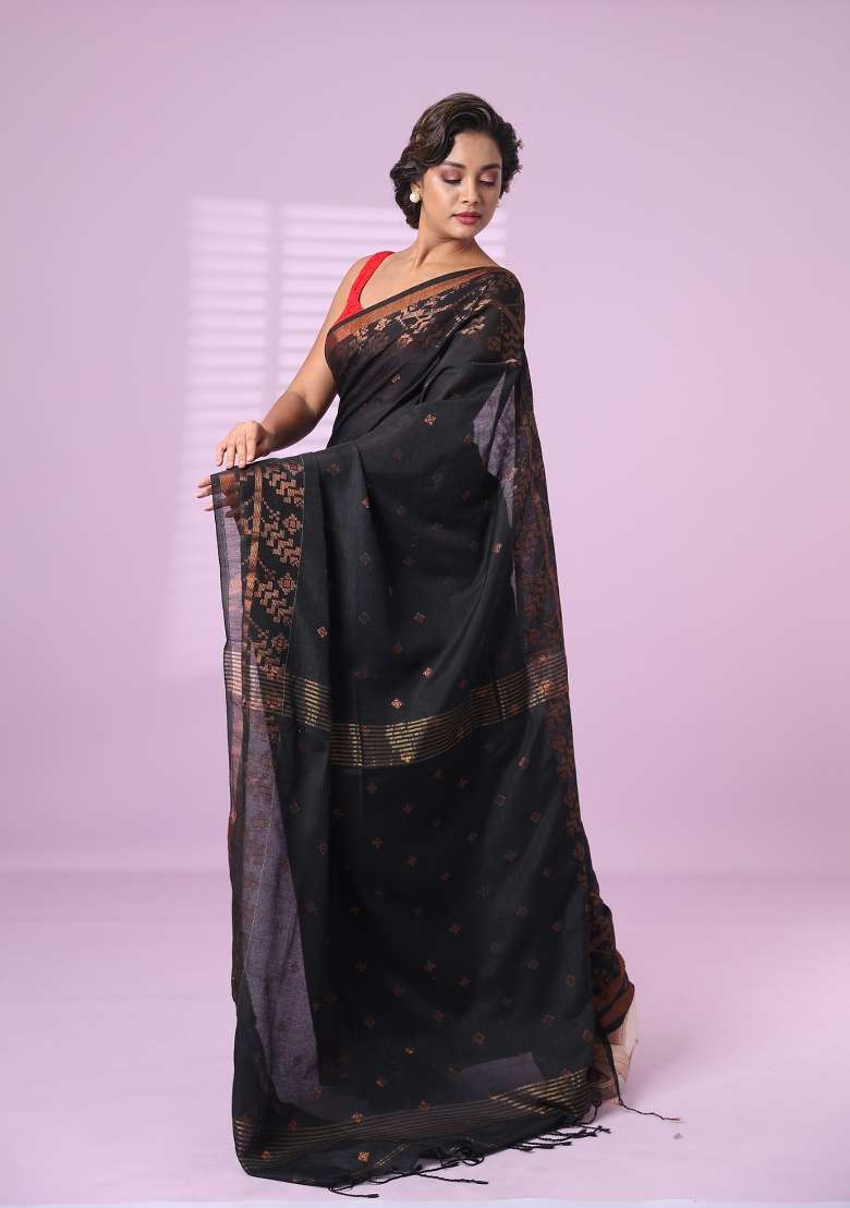 Black Embroidered Cotton Saree Set for Diwali and Festive Wear - Indya