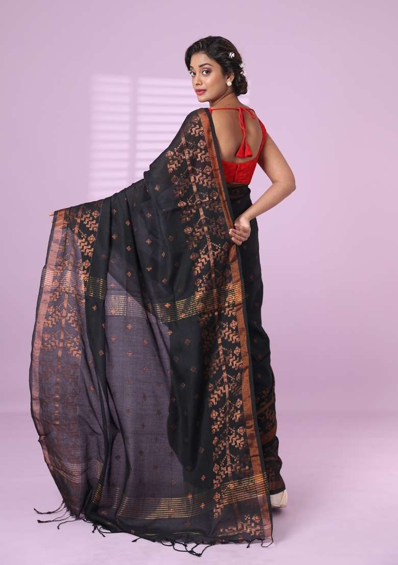 Black Embroidered Cotton Saree Set for Diwali and Festive Wear - Indya