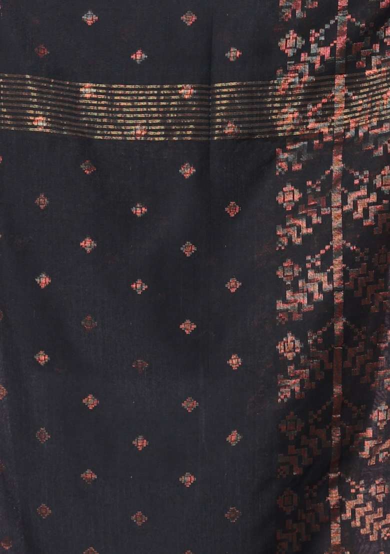 Black Embroidered Cotton Saree Set for Diwali and Festive Wear - Indya