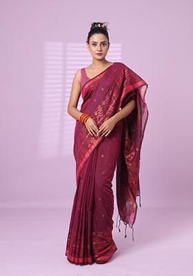 Magenta Embroidered Cotton Saree Set