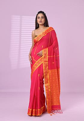 Pink Embroidered Cotton Saree Set
