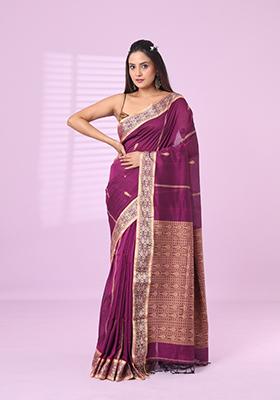 Purple Embroidered Cotton Saree Set