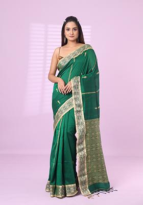 Green Embroidered Cotton Saree Set