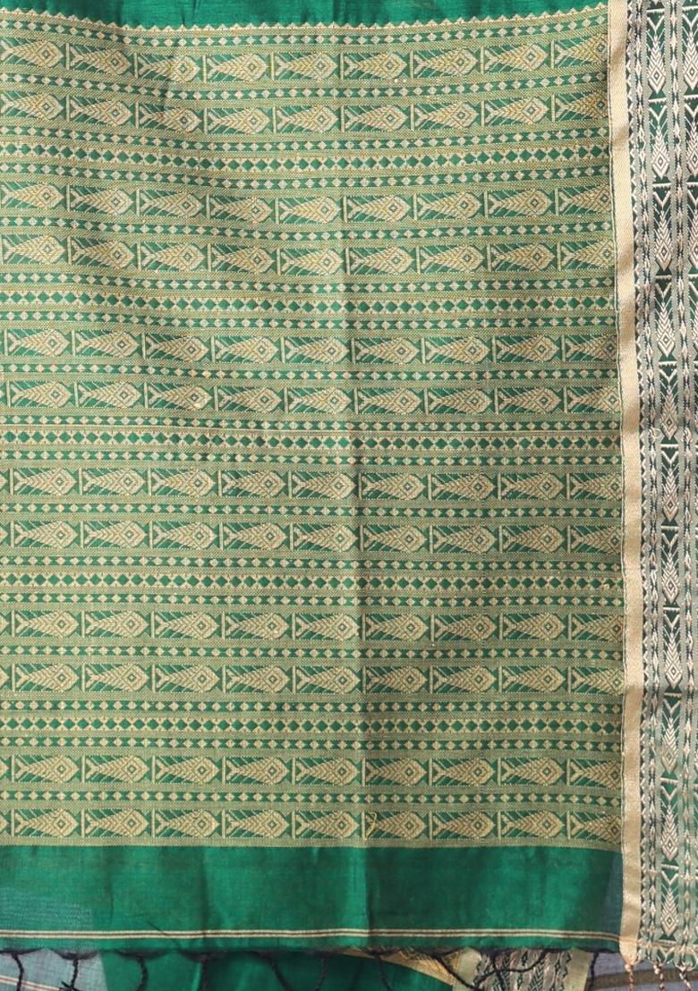 Green Embroidered Cotton Saree Set - Indya